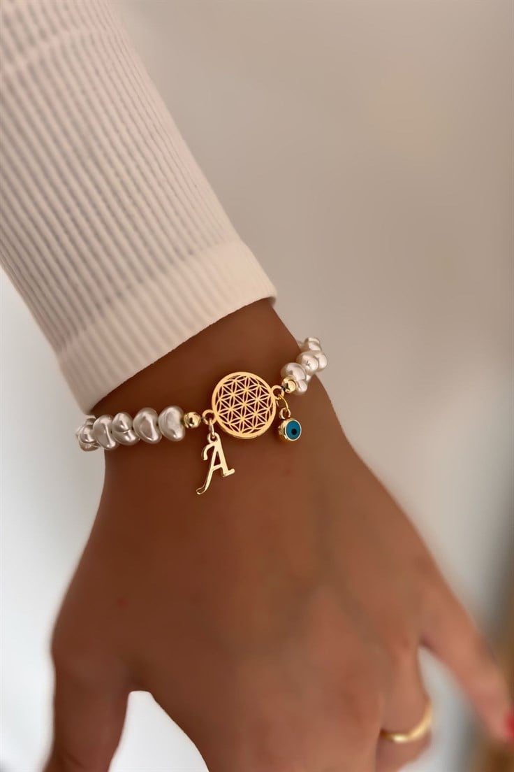 A Harfli ve Nazar Sallantılı İnci Detaylı Yaşam Çiçeği Bileklik Gold