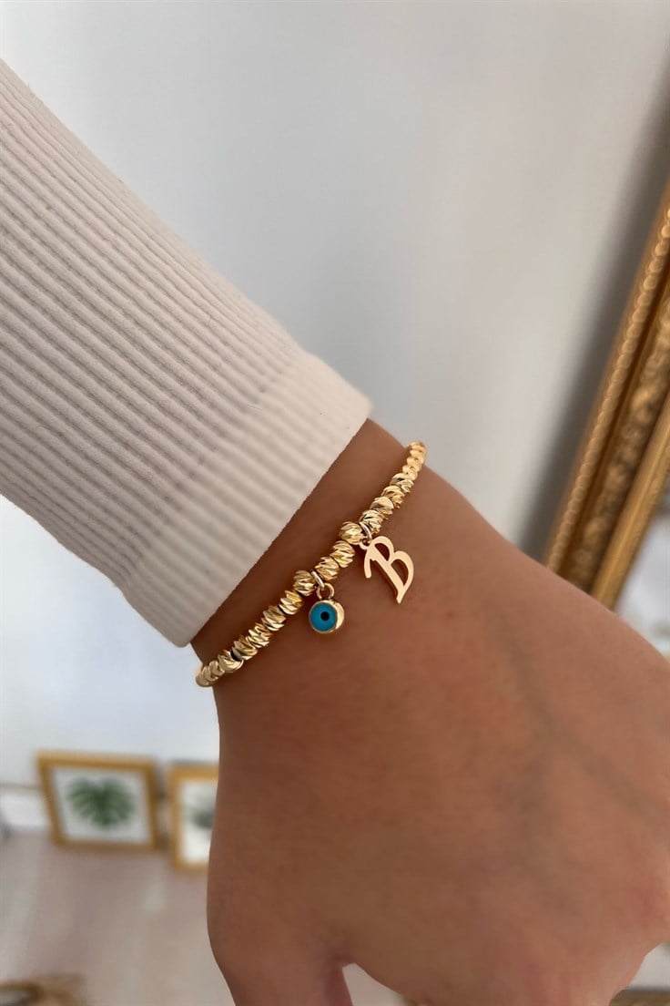 B Harf ve Nazar Sallantılı Dorika Bileklik Gold