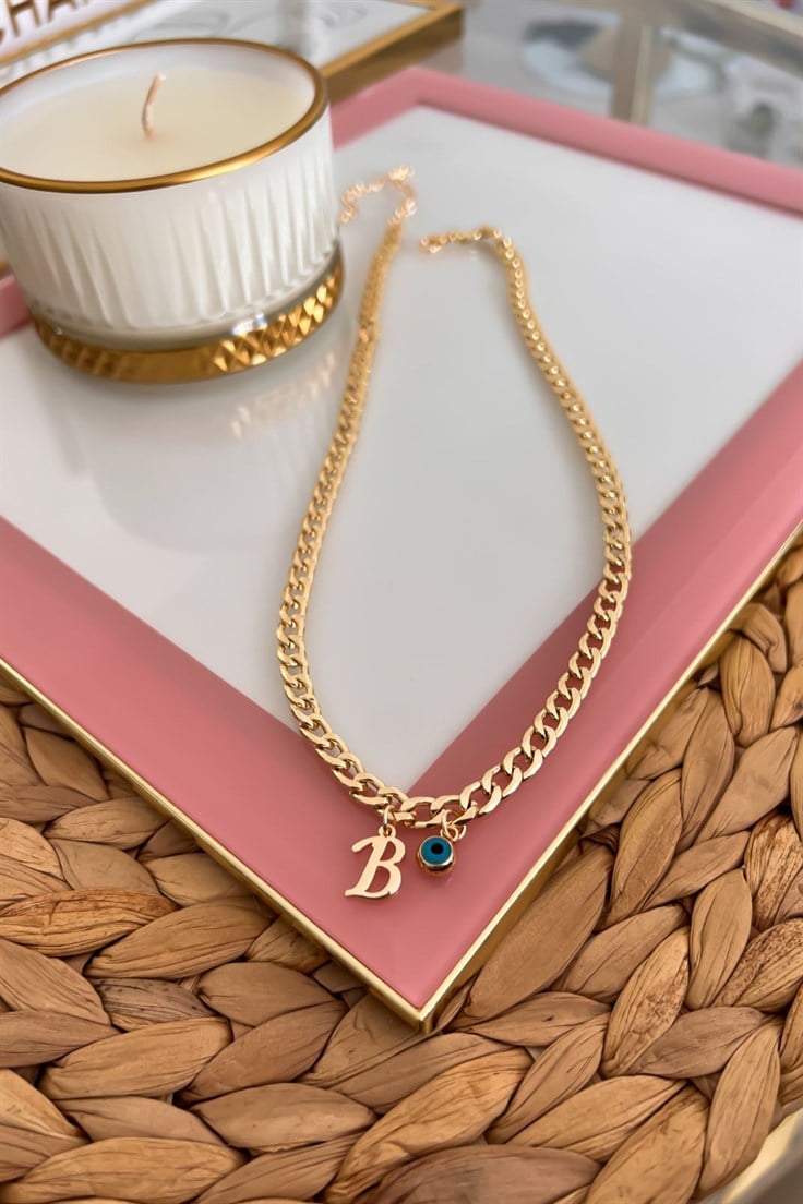 B Harfli ve Nazar Sallantılı İnce Nostalji Zincirli Kolye Gold