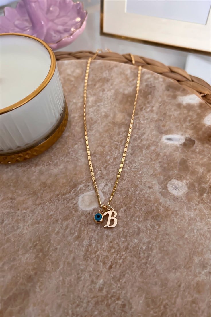 B Harfli ve Nazar Sallantılı İnce Zincirli Kolye Gold