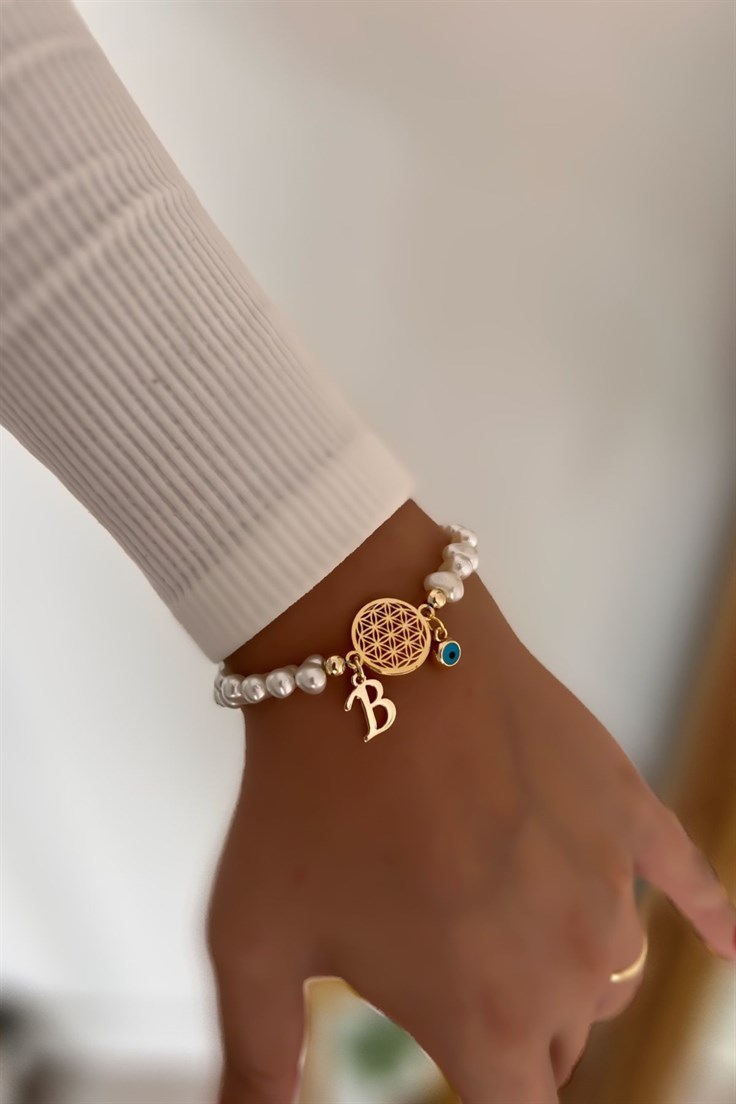 B Harfli ve Nazar Sallantılı İnci Detaylı Yaşam Çiçeği Bileklik Gold