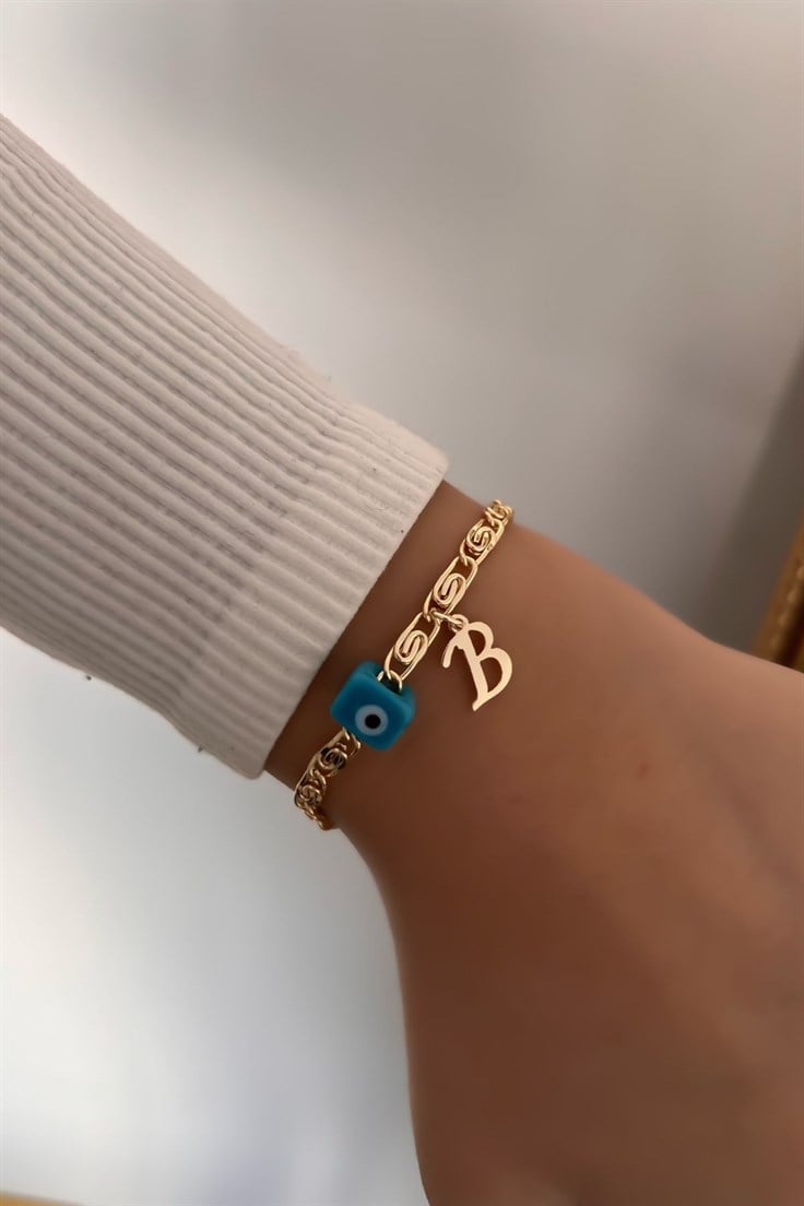 B Harfli ve Nostalji Boncuklu Ezme Zincir Bileklik Gold