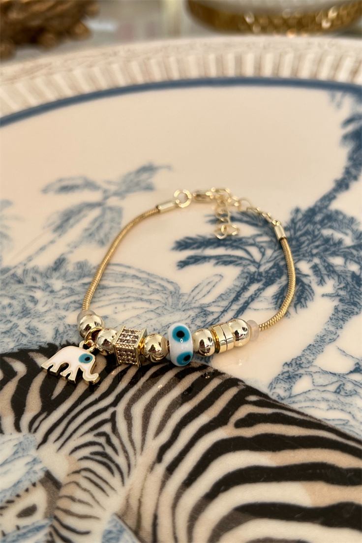Beyaz Mineli Fil Aparatlı Nazar Detaylı Bileklik Gold