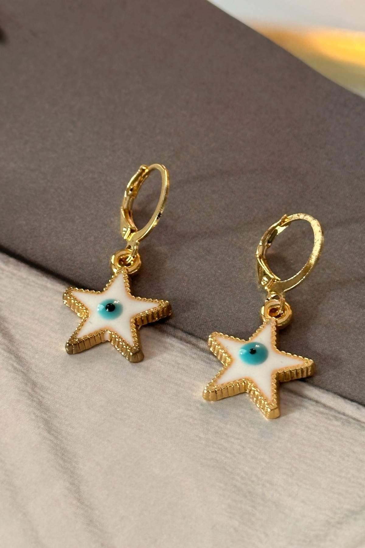 Beyaz Mineli Göz Detaylı Yıldız Küpe