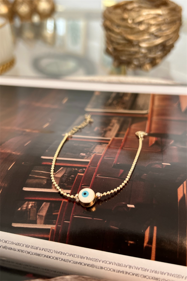 Beyaz Mineli Tek Nazar Topçuk Model Bileklik Gold