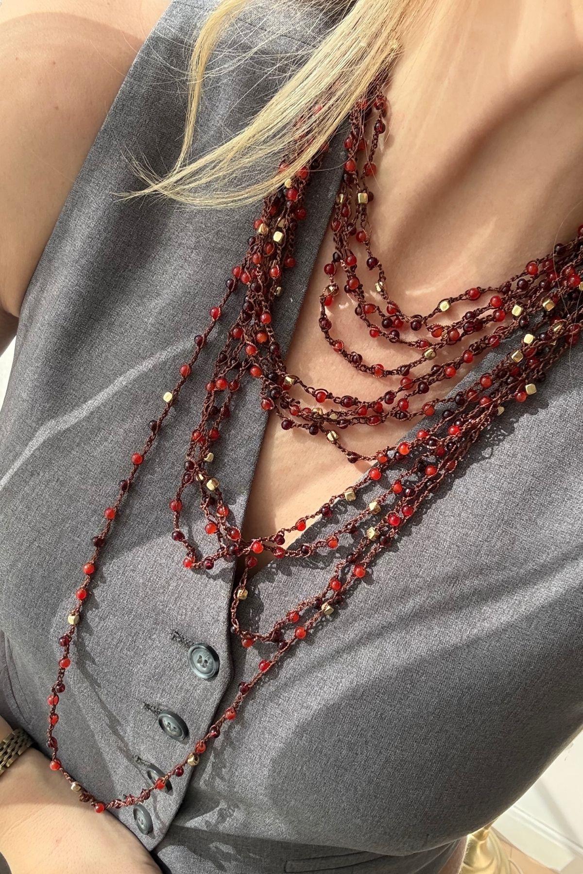 Bordo Boncuklu Vintage Kolye