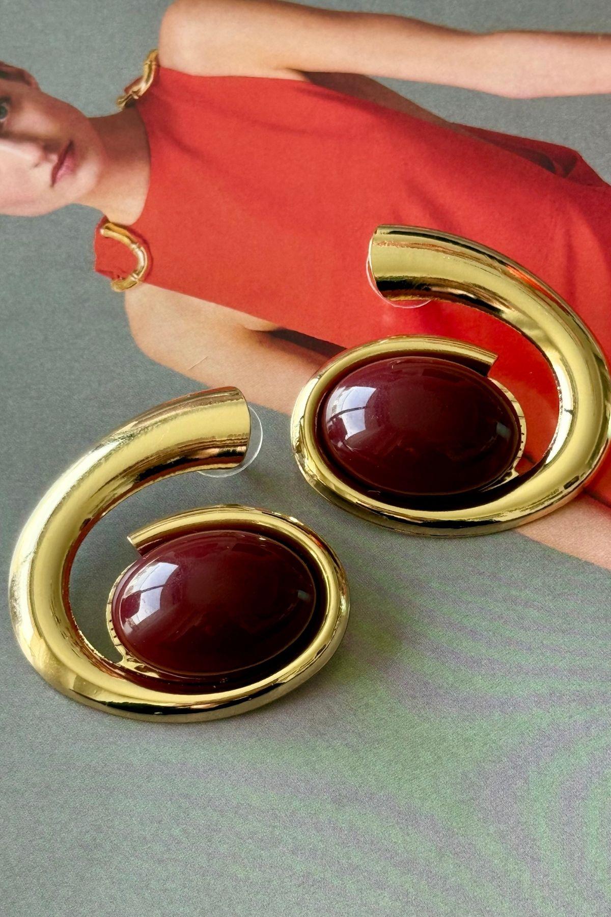 Bordo Taşlı Gold Plaka Küpe