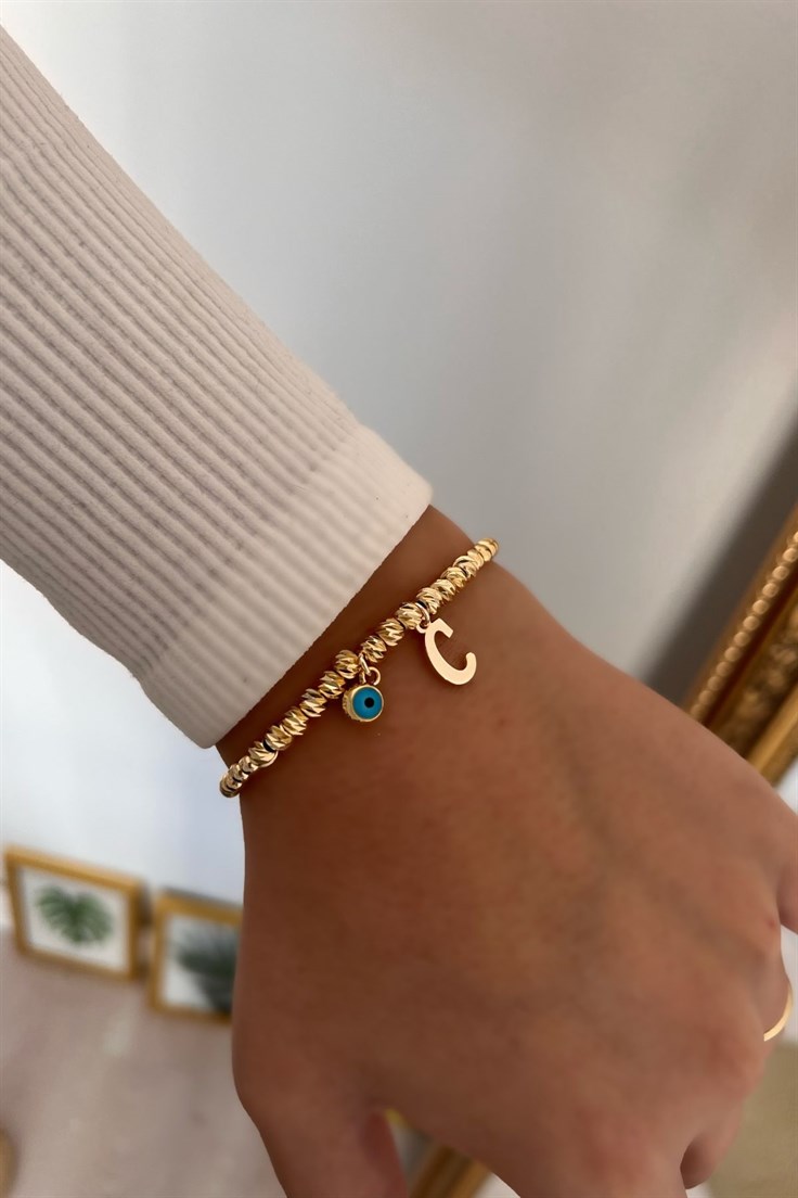 C Harf ve Nazar Sallantılı Dorika Bileklik Gold