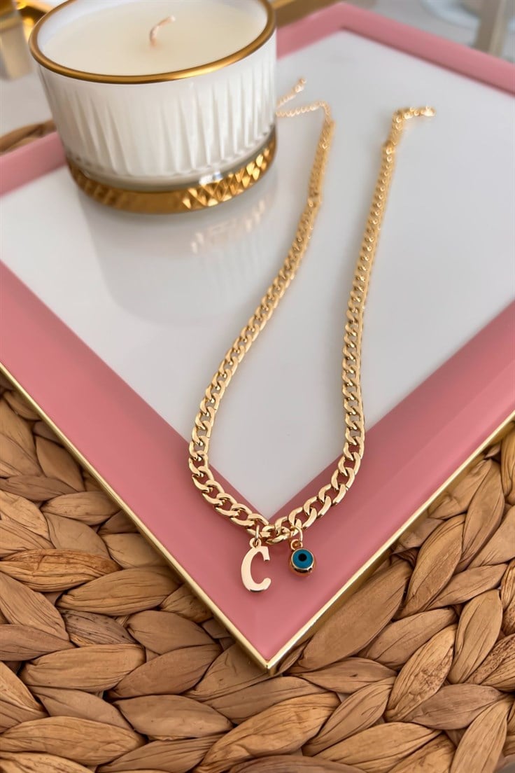 C Harfli ve Nazar Sallantılı İnce Nostalji Zincirli Kolye Gold