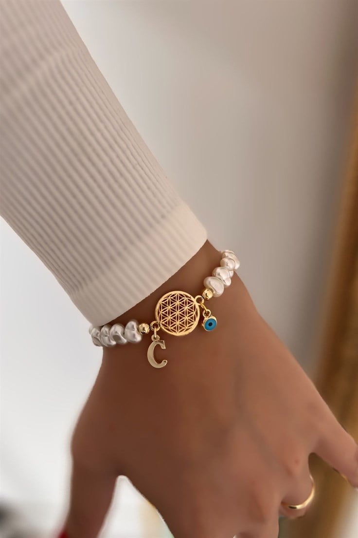 C Harfli ve Nazar Sallantılı İnci Detaylı Yaşam Çiçeği Bileklik Gold