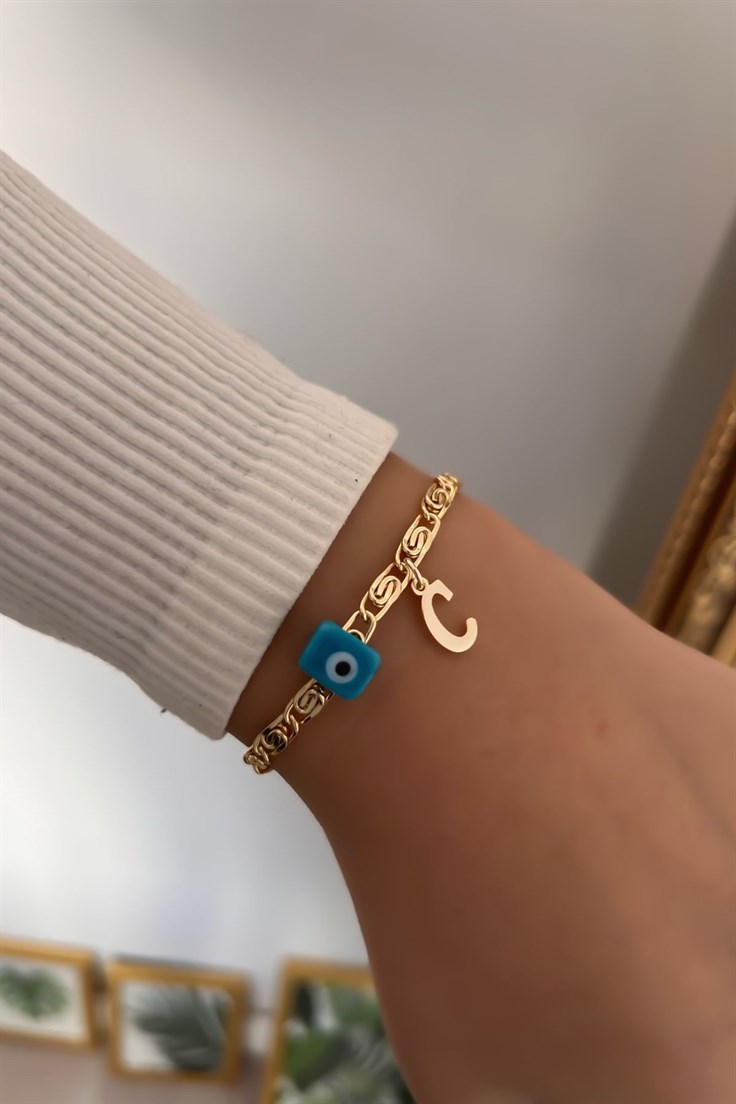 C Harfli ve Nostalji Boncuklu Ezme Zincir Bileklik Gold