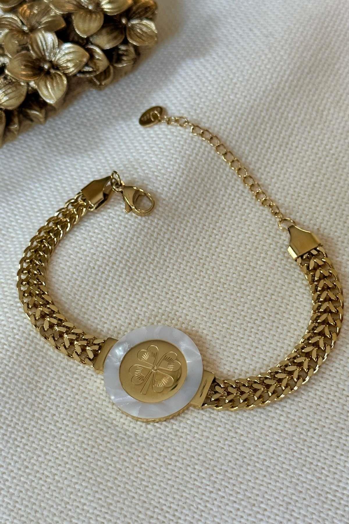 Çelik Büyük Yonca Figürlü Sedef Taşlı Kalın Zincir Bileklik