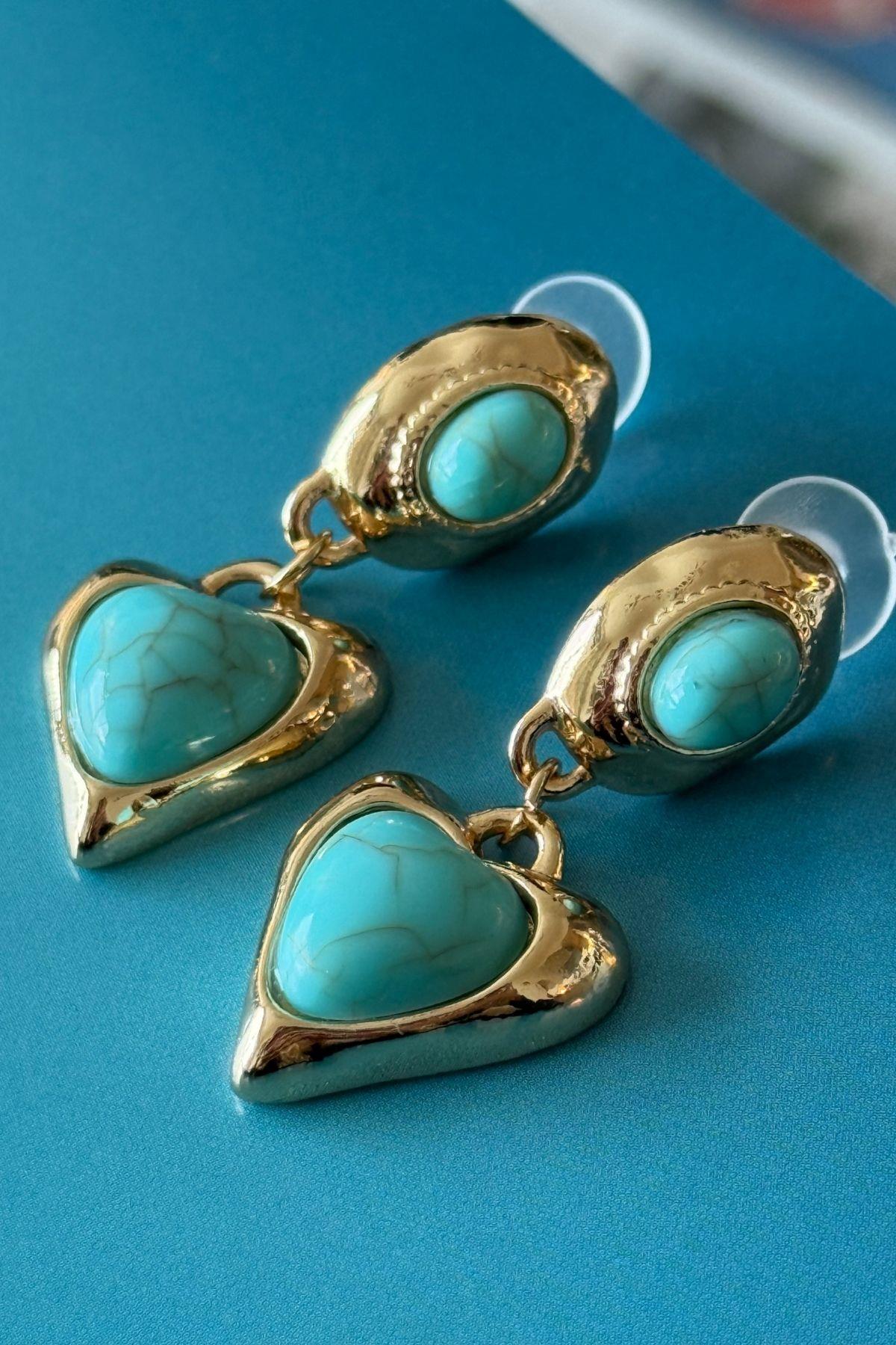 Çelik Firuze Taşlı Kalp Sallantılı Küpe