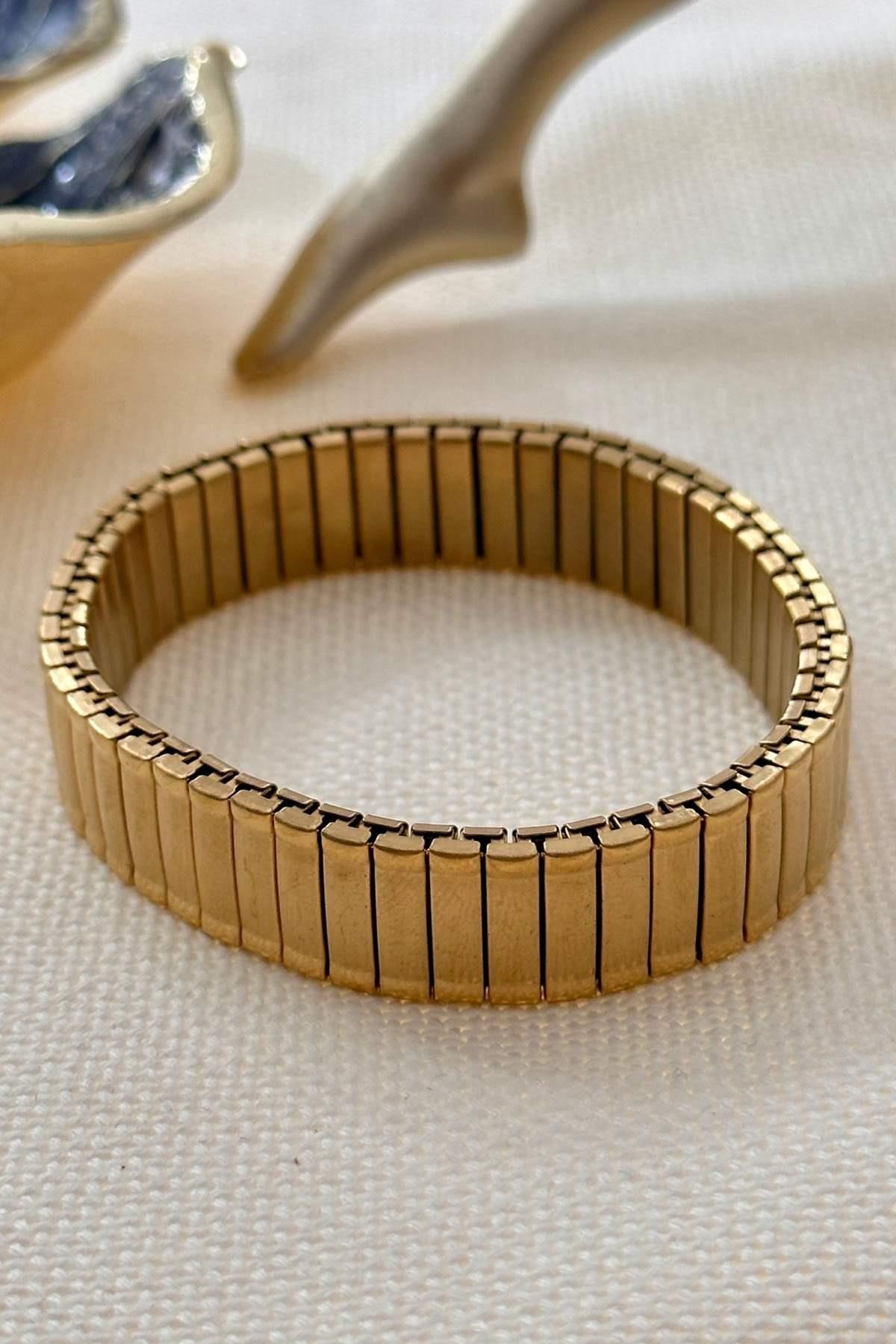 Çelik Gold Plaka Lastikli Bileklik