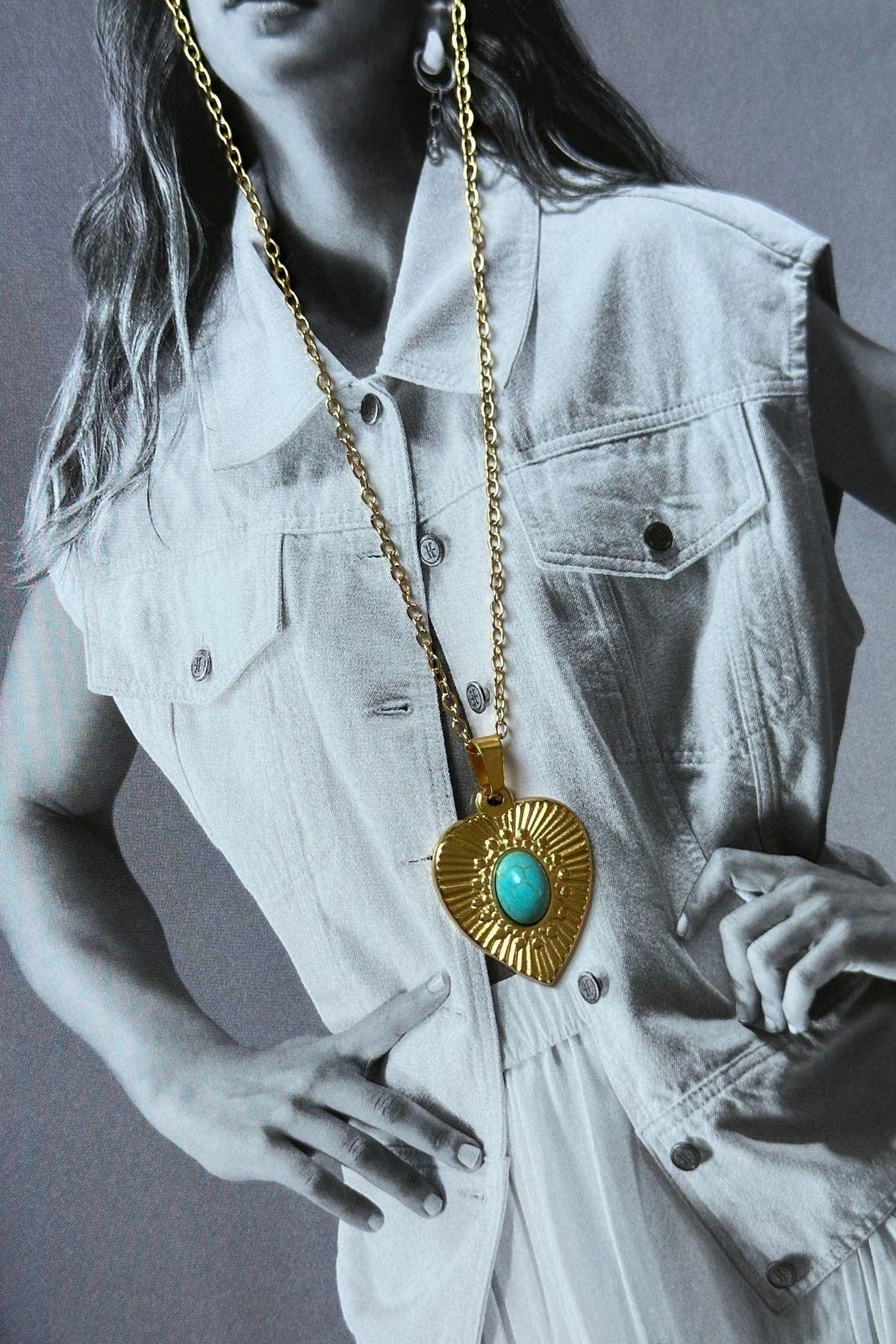 Çelik Kalp Model Firuze Kolye