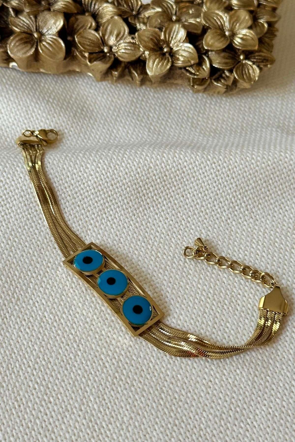 Çelik Üçlü İtalyan Model Nazarlı Bileklik