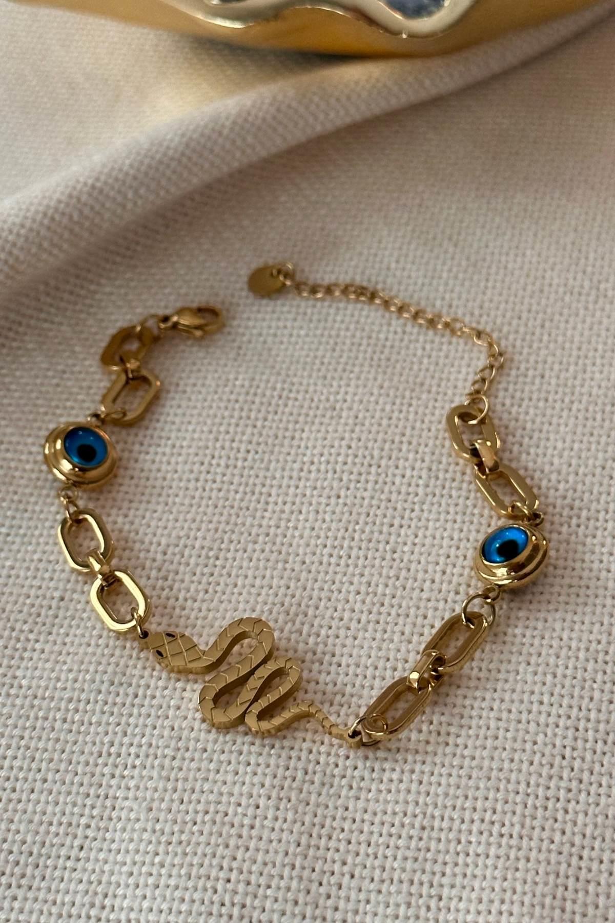 Çelik Yılan Figürlü Nazar Detaylı Ataş Zincirli Bileklik