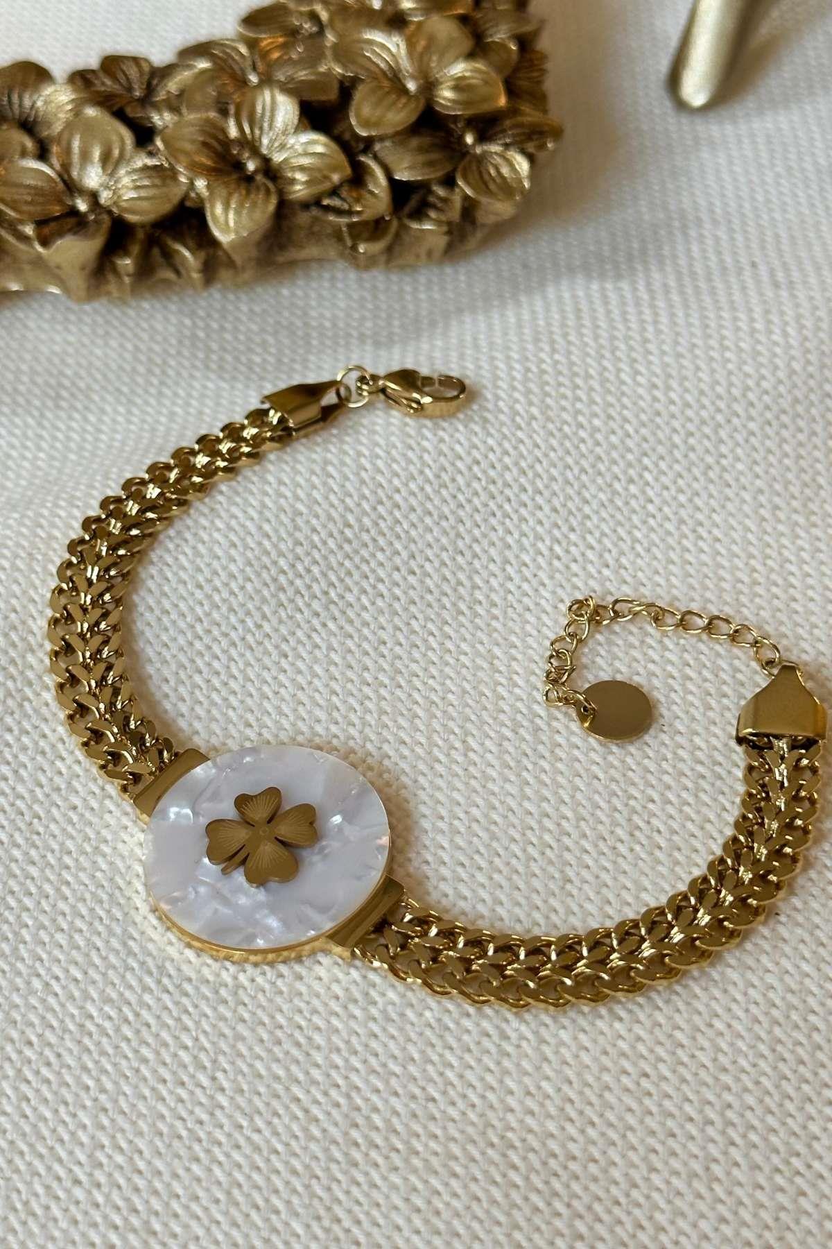 Çelik Yonca Detaylı Sedef Taşlı Kalın Zincir Bileklik