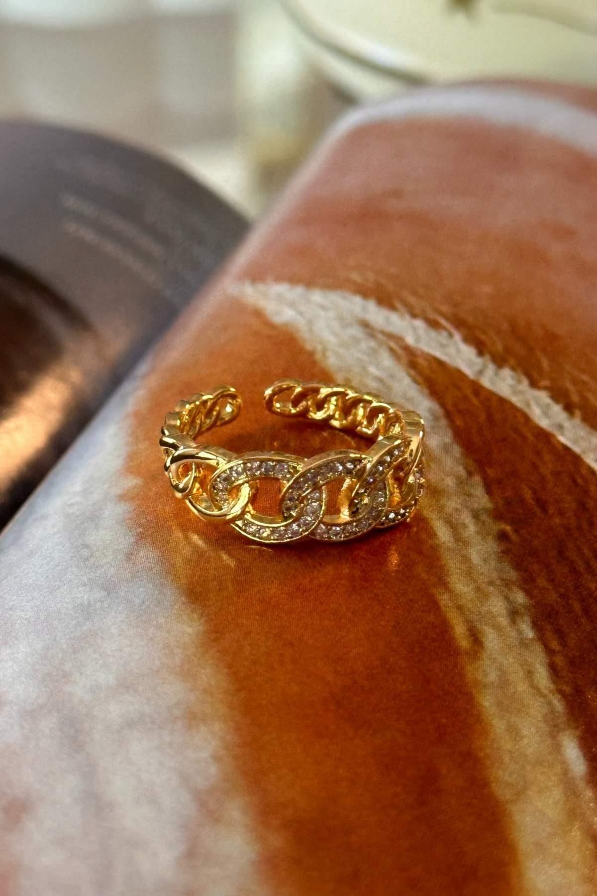 Çelik Zirkon Taşlı Zincir Yüzük