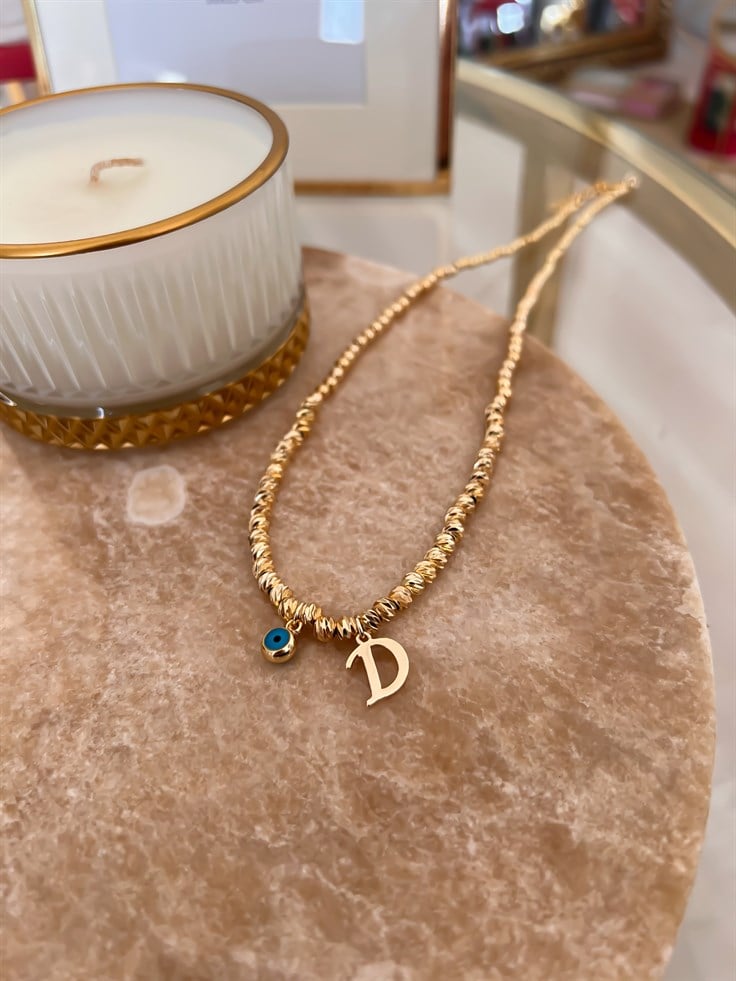 D Harfli ve Nazar Detaylı Dorika Kolye Gold