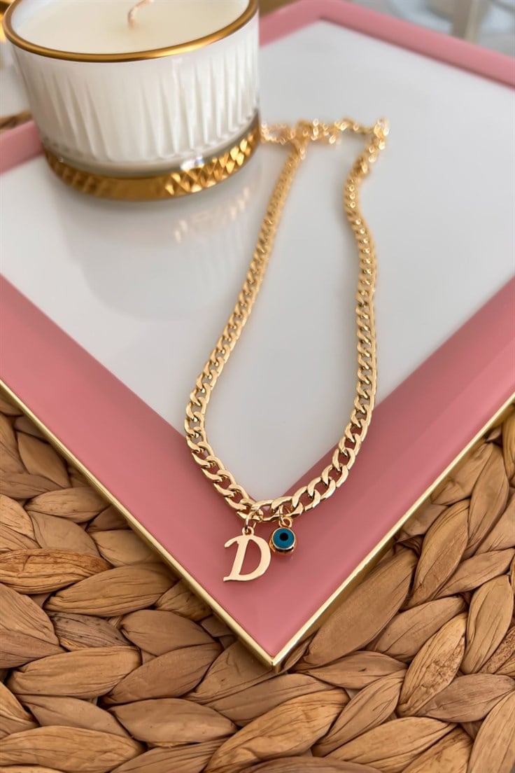 D Harfli ve Nazar Sallantılı İnce Nostalji Zincirli Kolye Gold