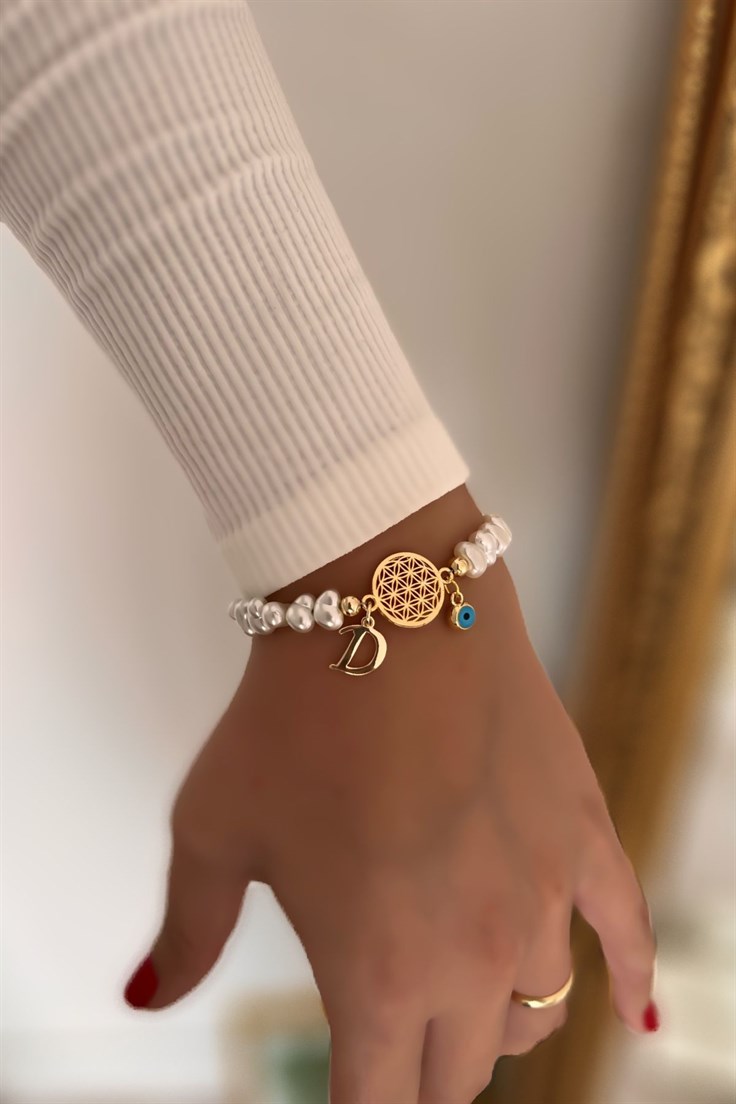 D Harfli ve Nazar Sallantılı İnci Detaylı Yaşam Çiçeği Bileklik Gold