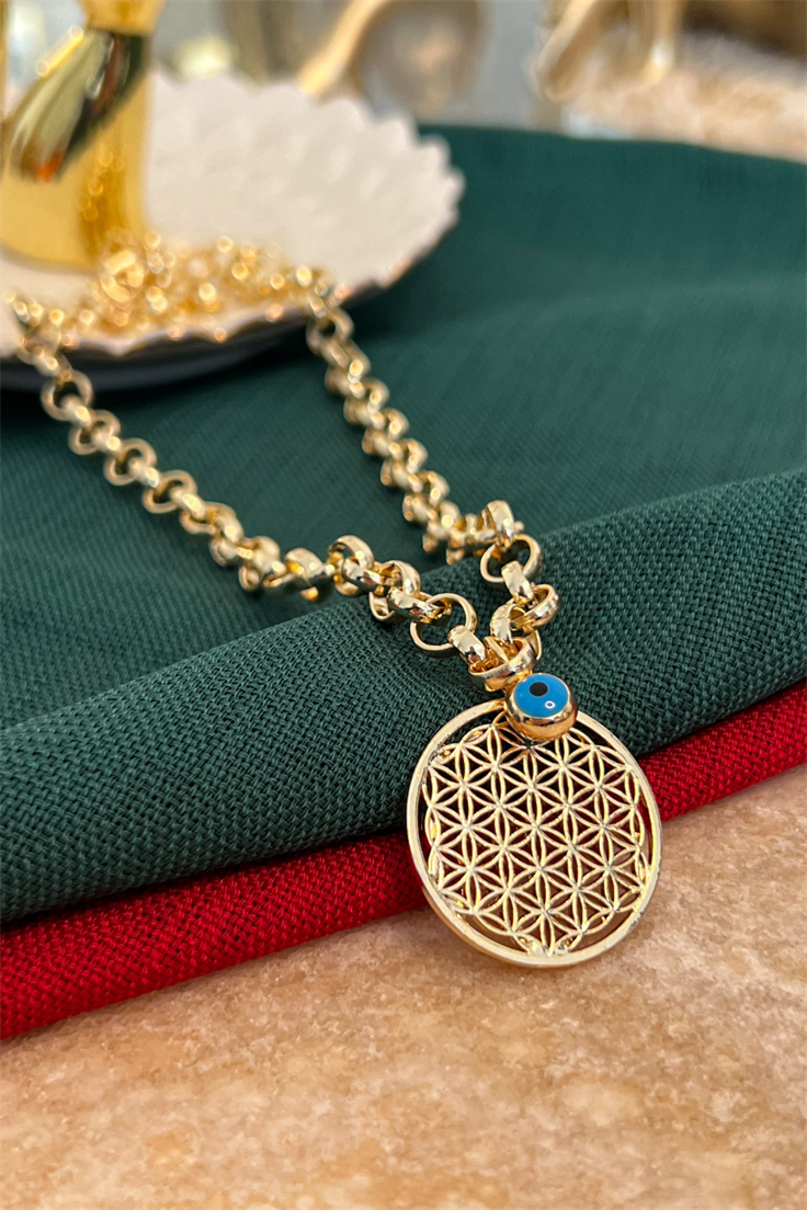 Daire Zincirli Yaşam Çiçeği ve Nazar Detaylı Kolye Gold