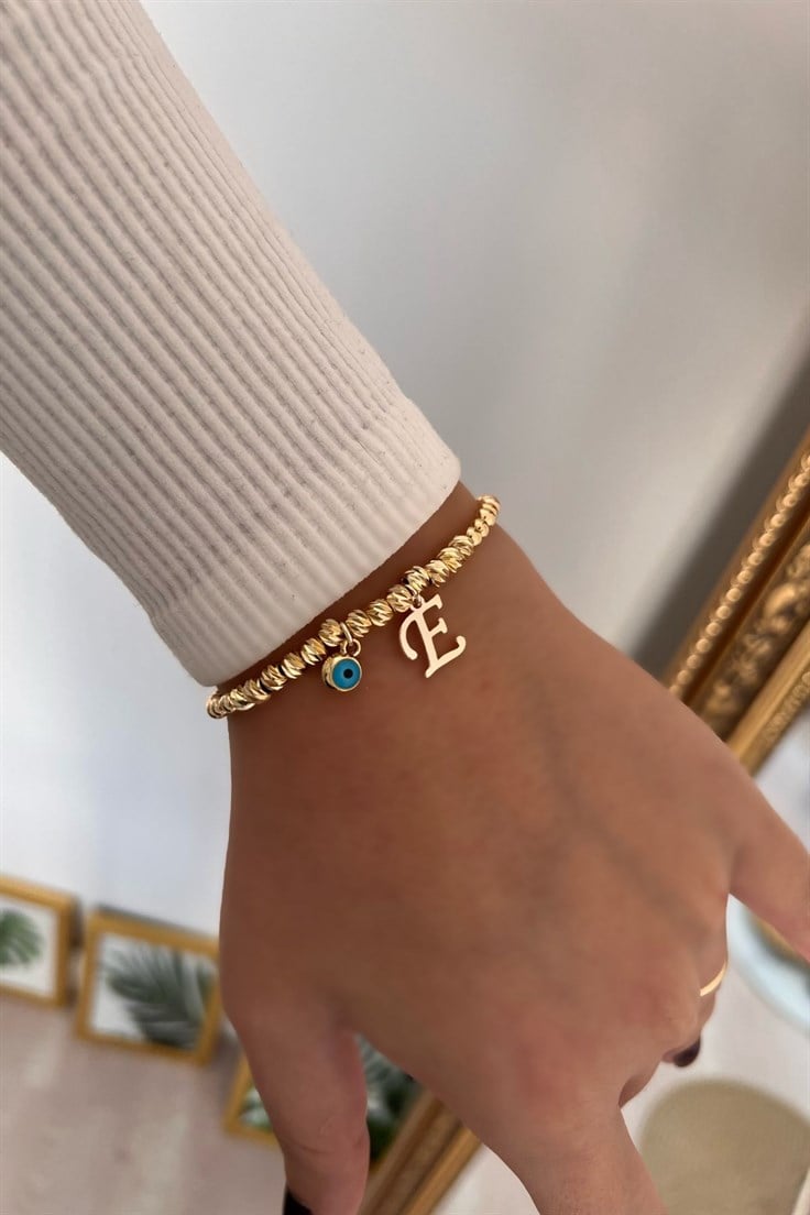 E Harf ve Nazar Sallantılı Dorika Bileklik Gold