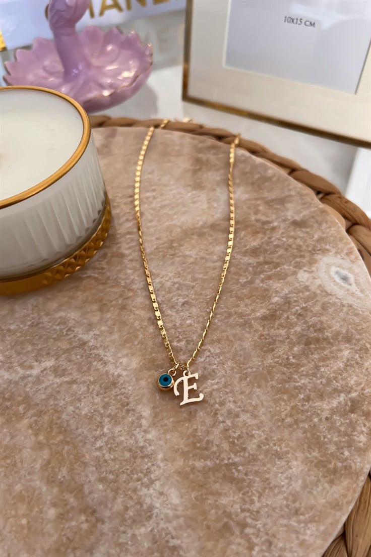 E Harfli ve Nazar Sallantılı İnce Zincirli Kolye Gold