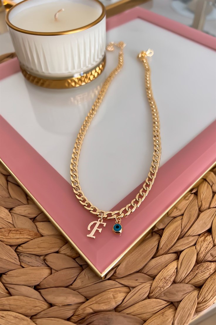 F Harfli ve Nazar Sallantılı İnce Nostalji Zincirli Kolye Gold