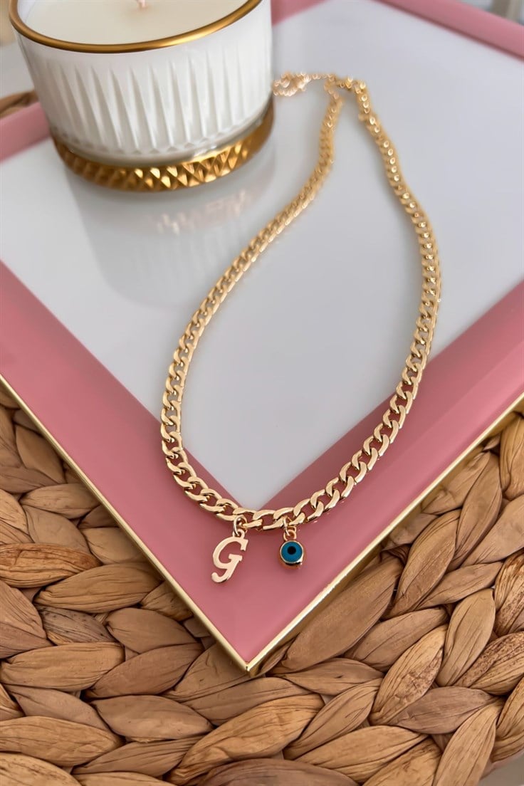 G Harfli ve Nazar Sallantılı İnce Nostalji Zincirli Kolye Gold