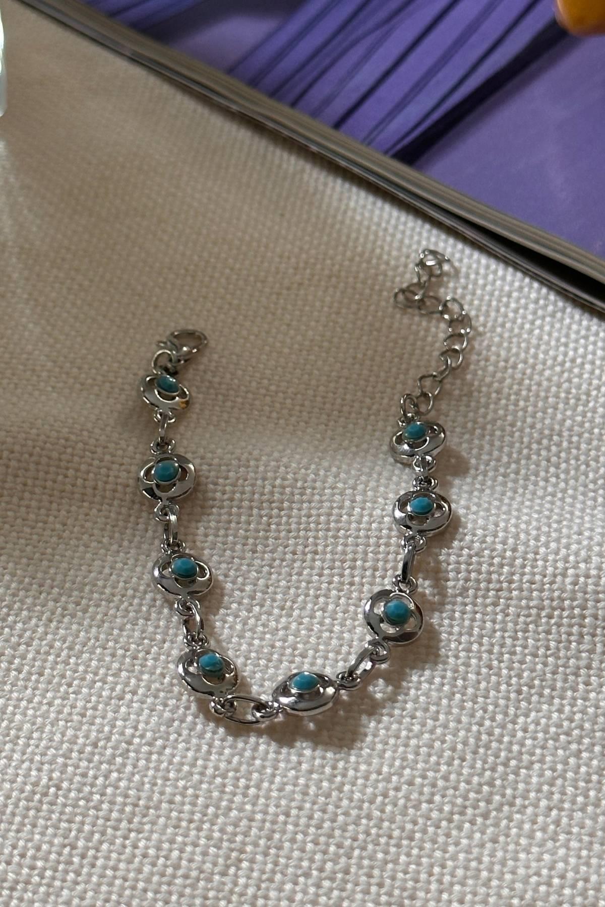 Gümüş Renk Turkuaz Taşlı Bileklik