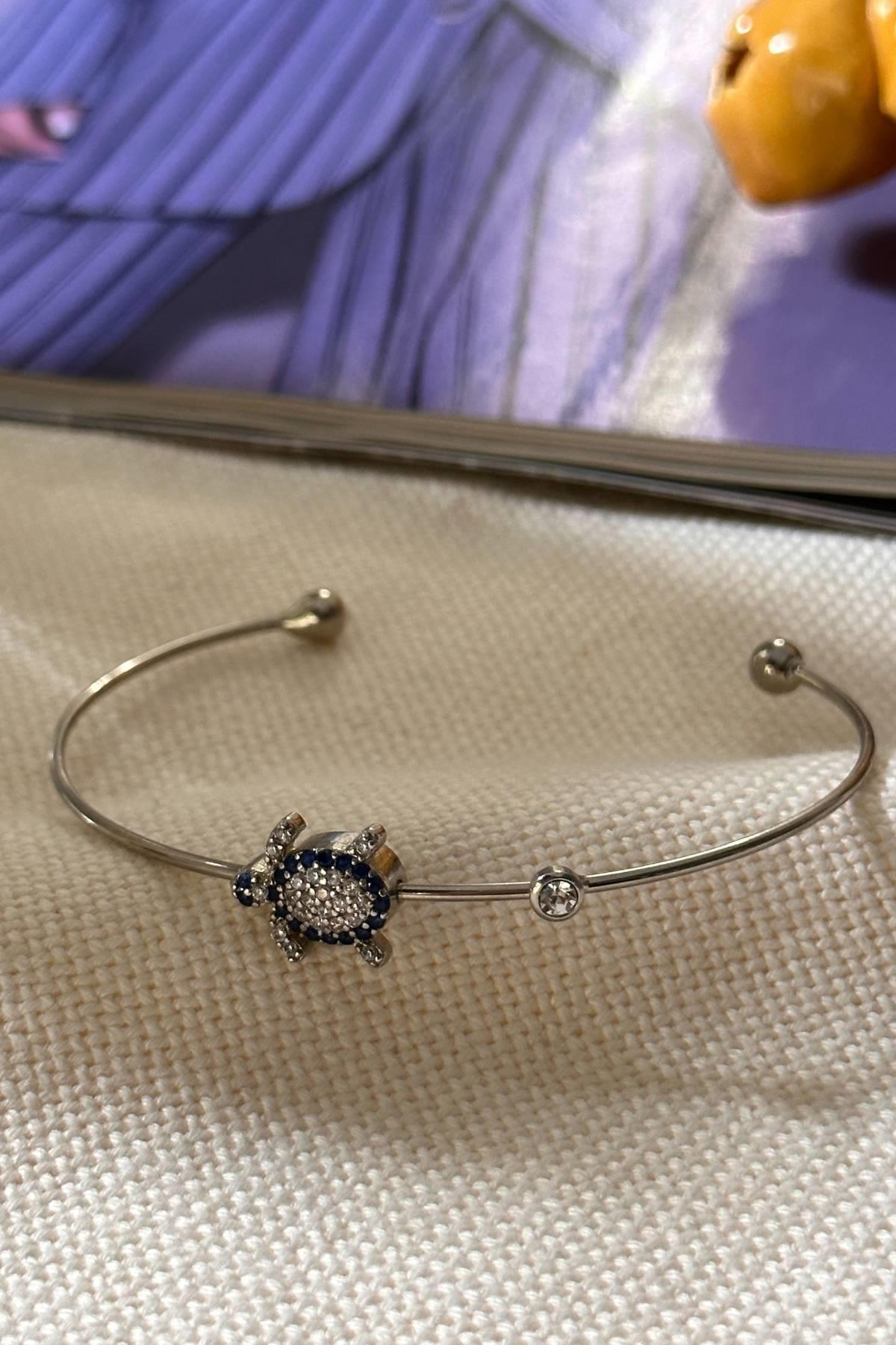 Gümüş Renk Zirkon Taşlı Kaplumbağa Model Kelepçe