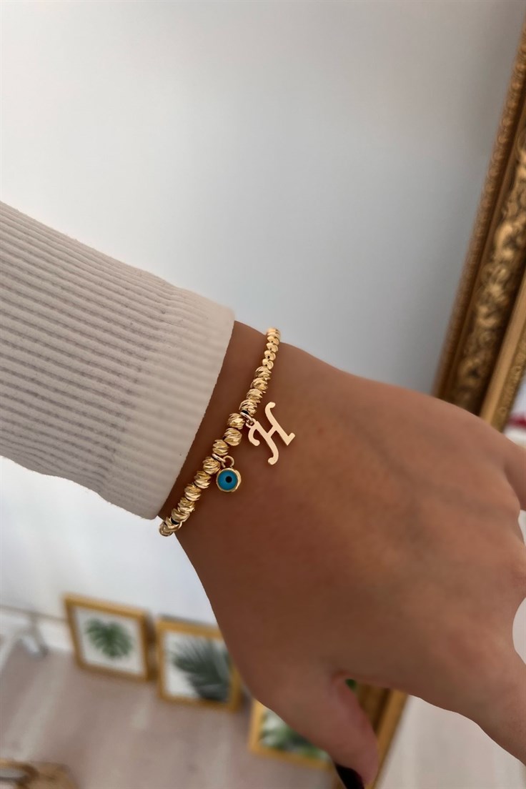 H Harf ve Nazar Sallantılı Dorika Bileklik Gold