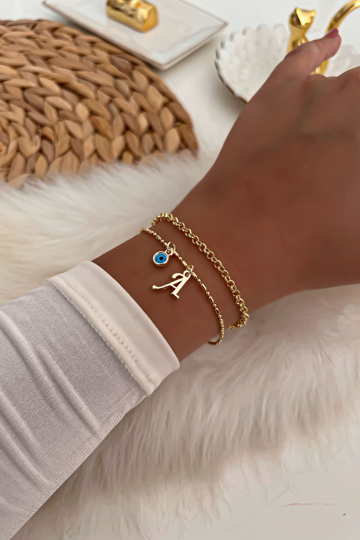 Harfli İkili Zincir Bileklik 1 Gold