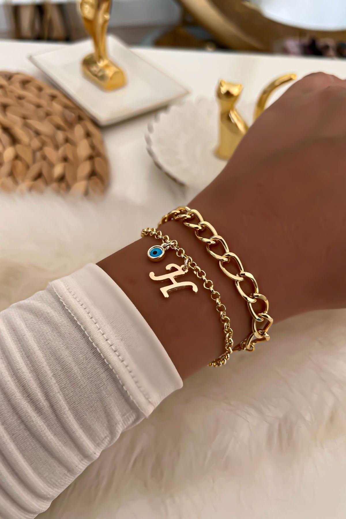 Harfli İkili Zincir Bileklik 11 Gold