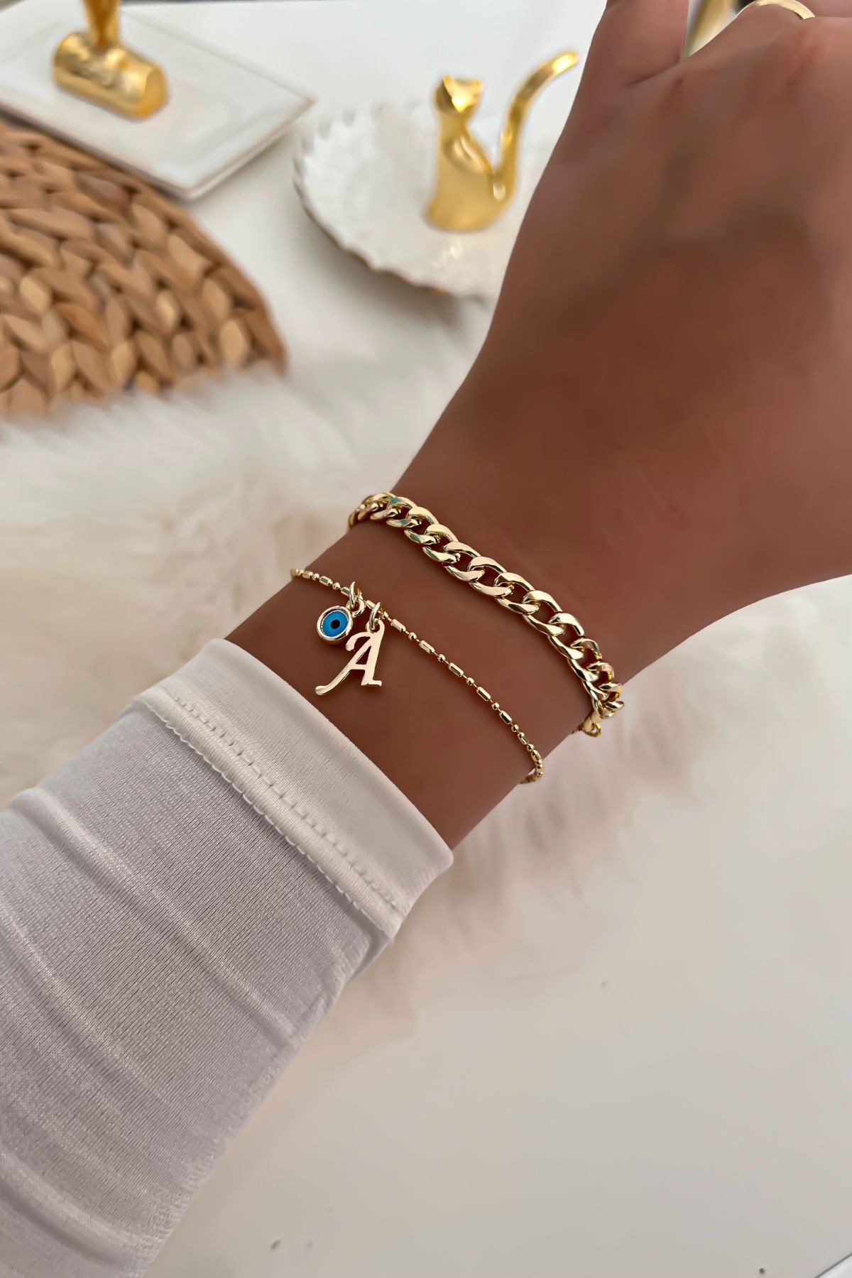 Harfli İkili Zincir Bileklik 4 Gold