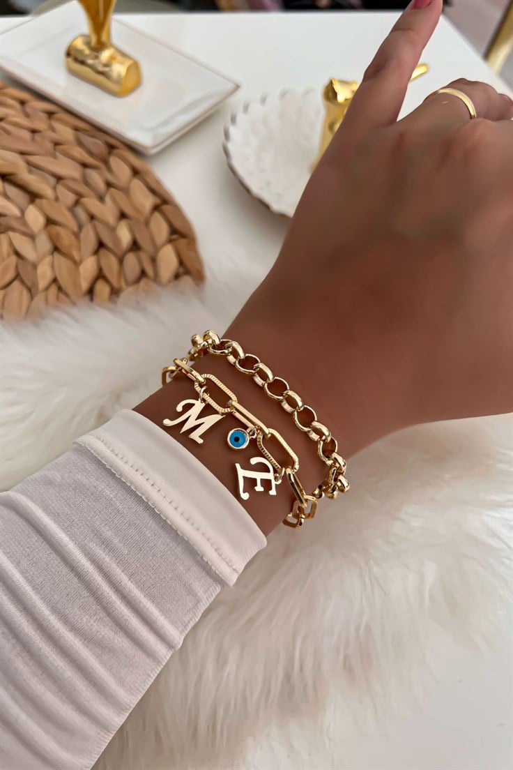 İki Harfli İkili Zincir Bileklik 2 Gold