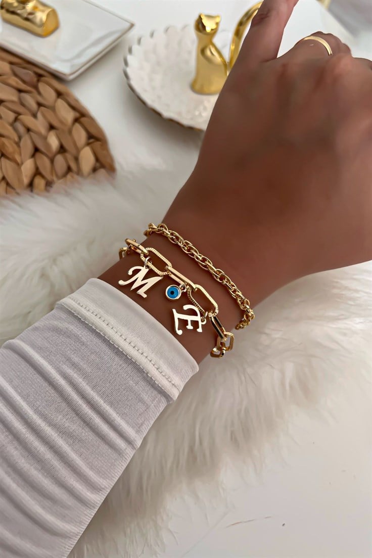 İki Harfli İkili Zincir Bileklik 3 Gold