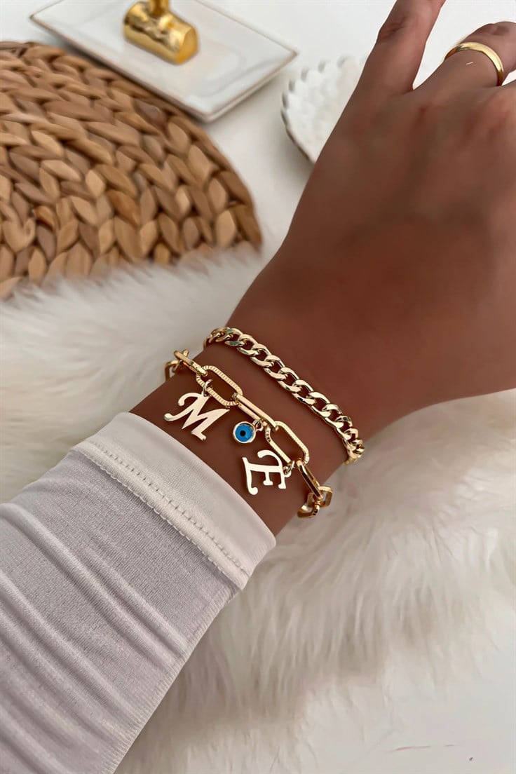 İki Harfli İkili Zincir Bileklik 4 Gold