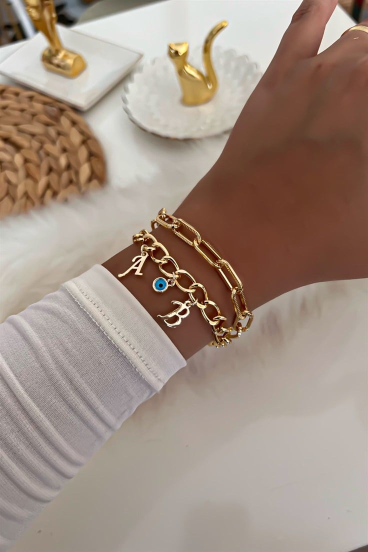 İki Harfli İkili Zincir Bileklik 5 Gold