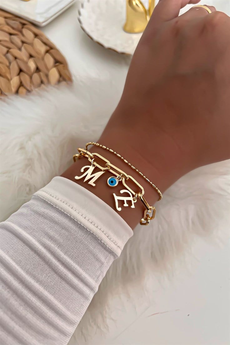 İki Harfli İkili Zincir Bileklik 6 Gold