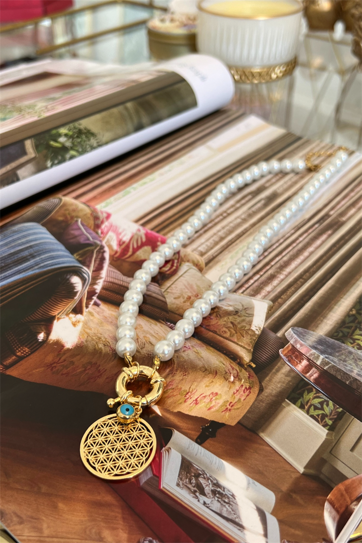 İnci Model Nazar Detaylı Yaşam Çiçeği Kolye Gold