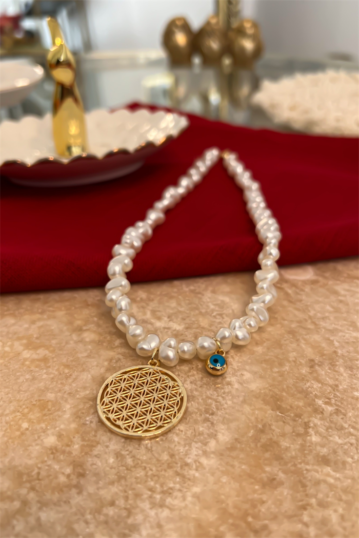 İnci Sıralı Nazar Detaylı Yaşam Çiçeği Kolye Gold