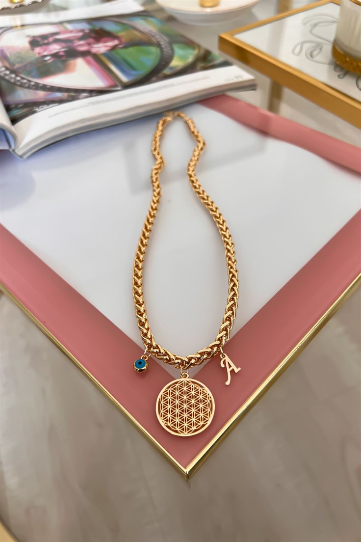 Kalın Örgü Zincir Model A Harf ve Nazar Sallantılı Yaşam Çiçeği Kolye Gold