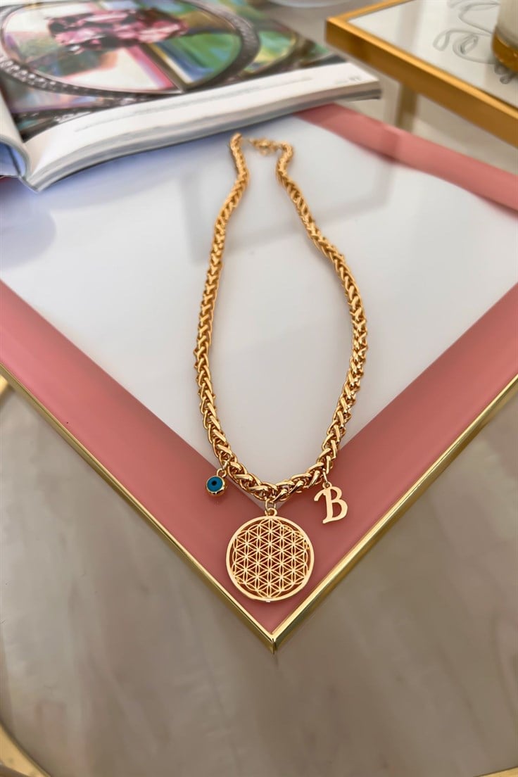 Kalın Örgü Zincir Model B Harf ve Nazar Sallantılı Yaşam Çiçeği Kolye Gold