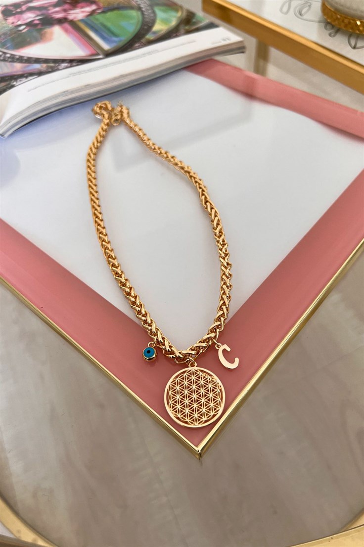 Kalın Örgü Zincir Model C Harf ve Nazar Sallantılı Yaşam Çiçeği Kolye Gold