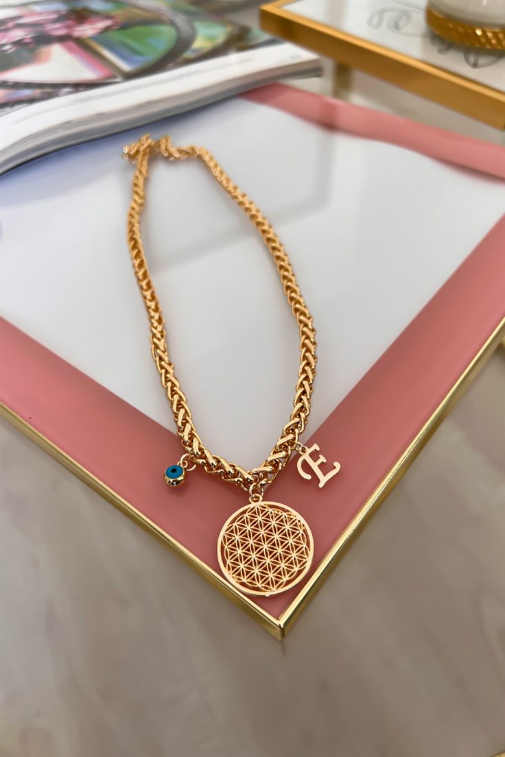 Kalın Örgü Zincir Model E Harf ve Nazar Sallantılı Yaşam Çiçeği Kolye Gold