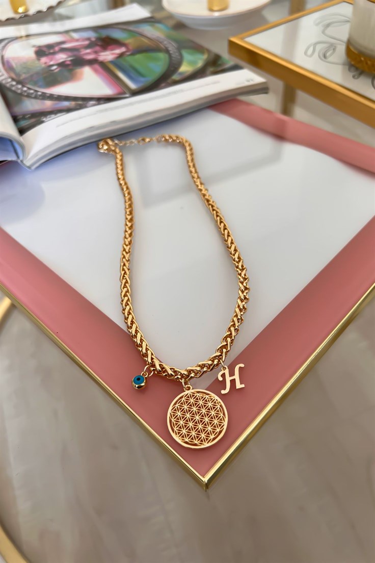 Kalın Örgü Zincir Model H Harf ve Nazar Sallantılı Yaşam Çiçeği Kolye Gold