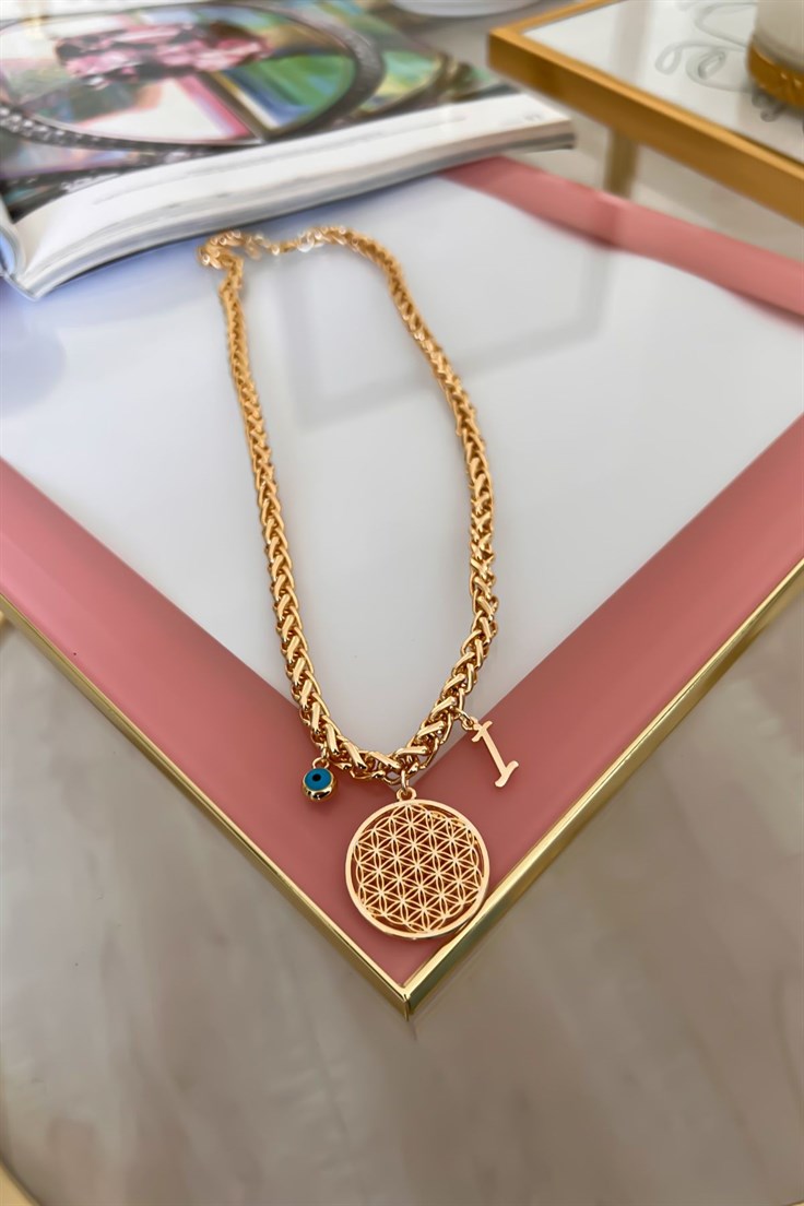 Kalın Örgü Zincir Model İ Harf ve Nazar Sallantılı Yaşam Çiçeği Kolye Gold
